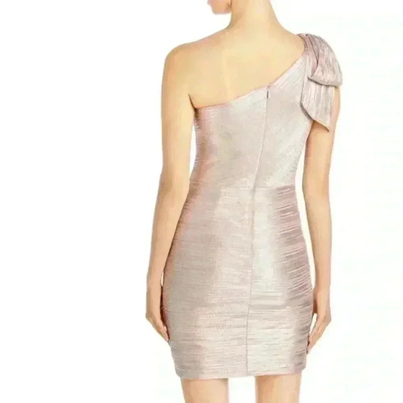 NWT- Aqua Formal Beige Zippered Shoulder Bow Sleeveless Asymmetrical Dress - Picture 5 of 7